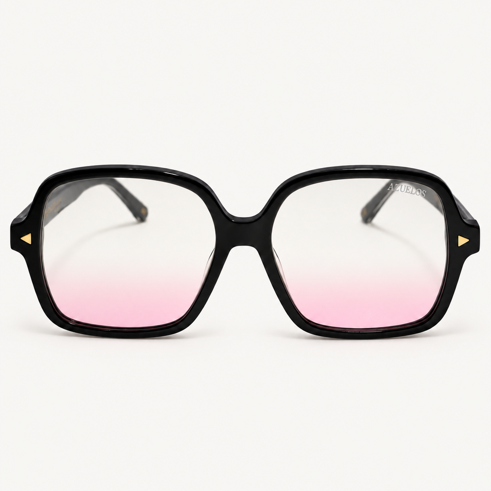 Monture BLUSH noire à triangles dorés et verres dégradés rose pâle, vue de face.
