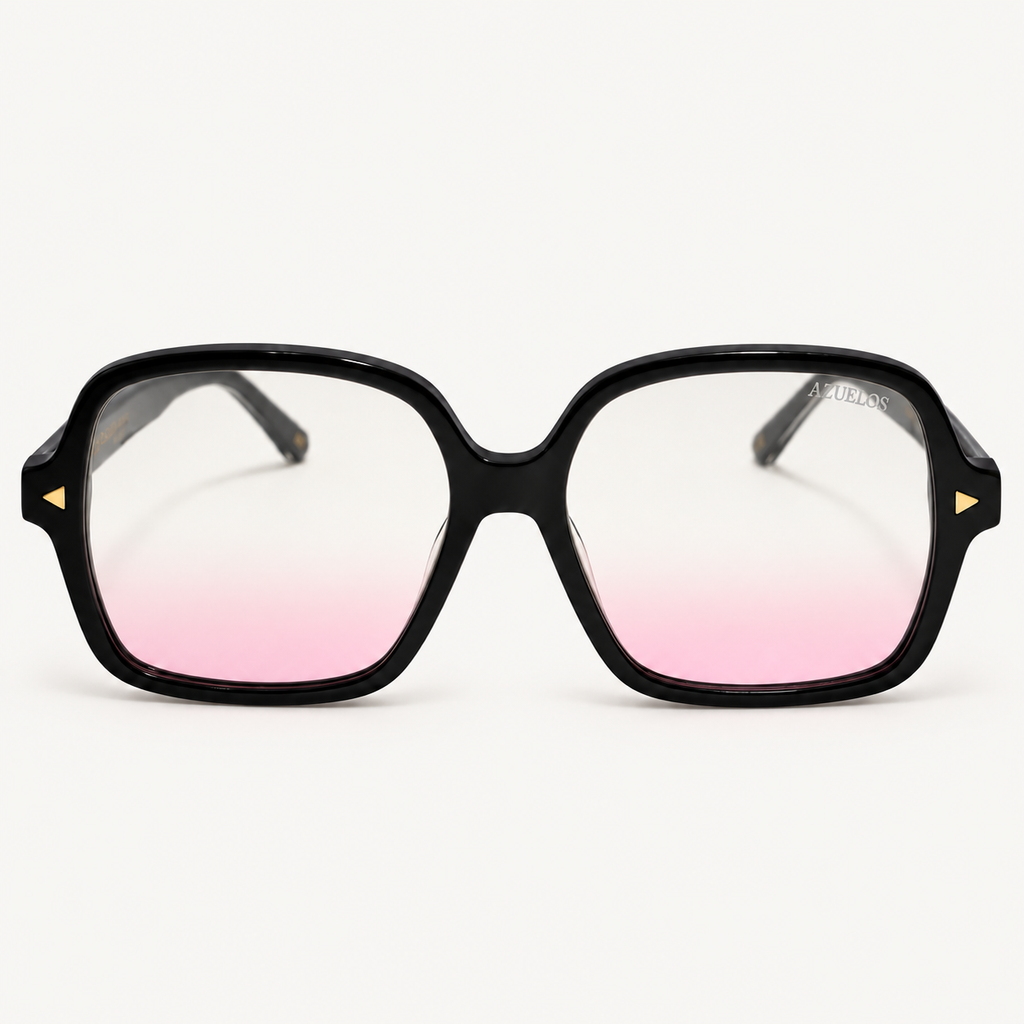 Monture BLUSH noire à triangles dorés et verres dégradés rose pâle, vue de face.