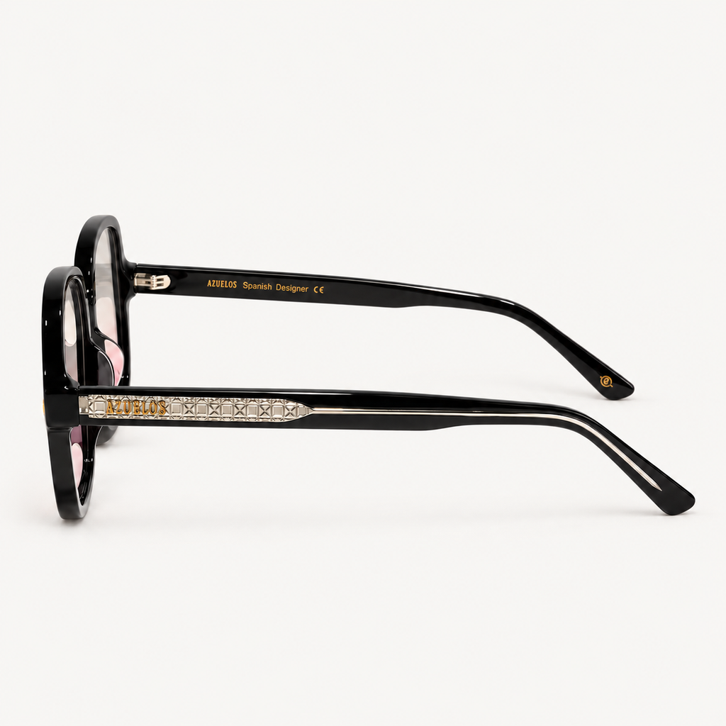 Monture BLUSH noire à insert argenté géométrique sur la branche, vue de profil.