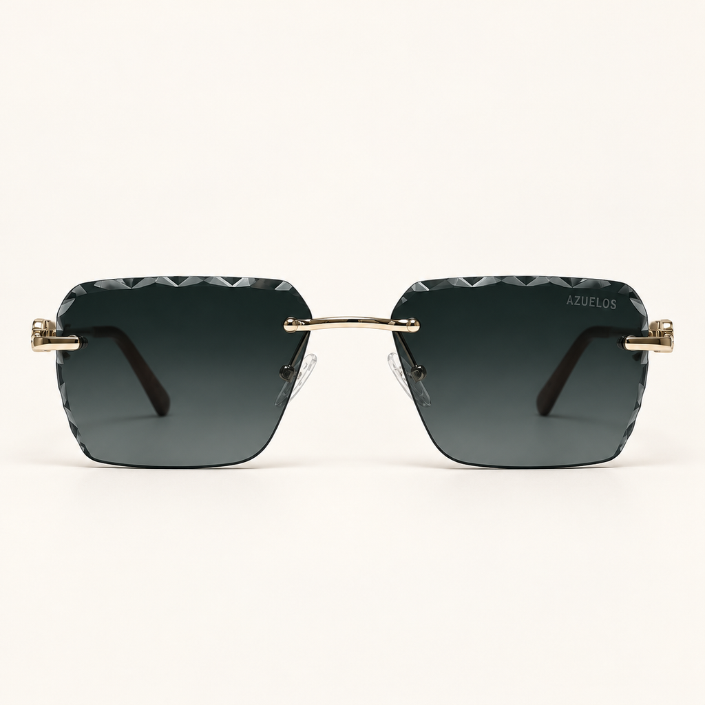 BEAU C1, lunettes de soleil mixtes percées à verres rectangulaires gris-vert foncé aux contours facettés, vue de face