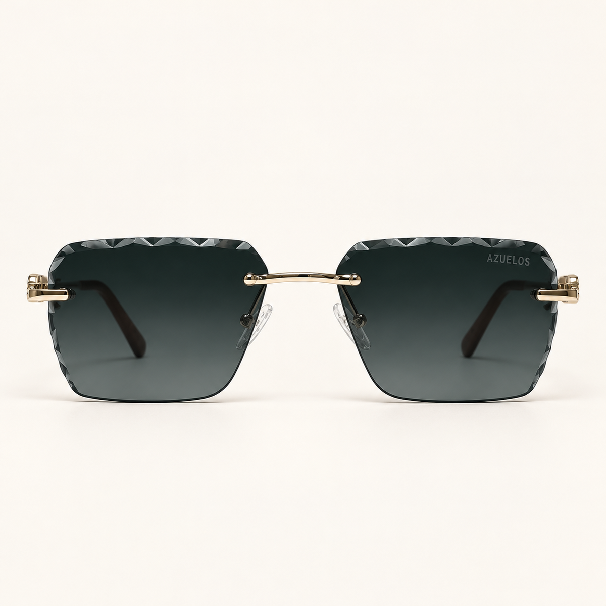 BEAU C1, lunettes de soleil mixtes percées à verres rectangulaires gris-vert foncé aux contours facettés, vue de face