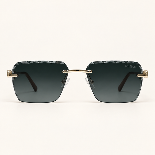BEAU C1, lunettes de soleil mixtes percées à verres rectangulaires gris-vert foncé aux contours facettés, vue de face