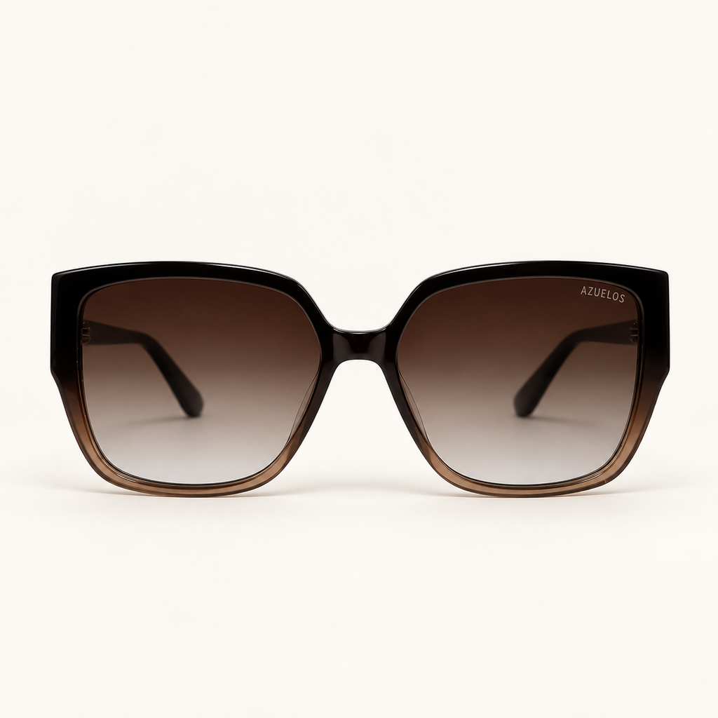 Lunettes de soleil femme AZUELOS Bela C3 en acétate noir et brun champagne translucide, forme carrée légèrement papillon et verres bruns dégradés, vue de face.