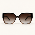 Lunettes de soleil femme AZUELOS Bela C3 en acétate noir et brun champagne translucide, forme carrée légèrement papillon et verres bruns dégradés, vue de face.