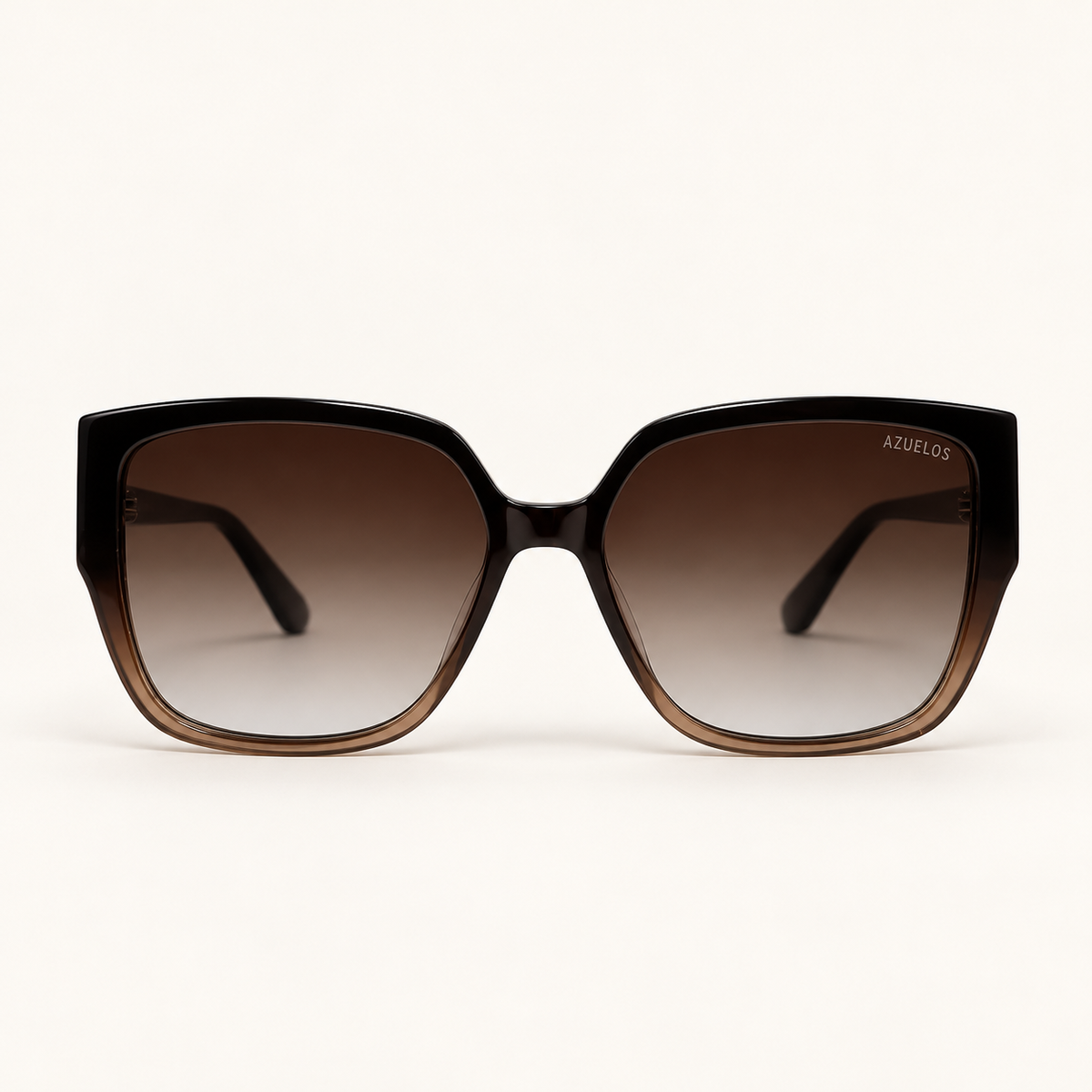 Lunettes de soleil femme AZUELOS Bela C3 en acétate noir et brun champagne translucide, forme carrée légèrement papillon et verres bruns dégradés, vue de face.