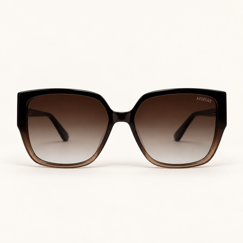 Lunettes de soleil femme AZUELOS Bela C3 en acétate noir et brun champagne translucide, forme carrée légèrement papillon et verres bruns dégradés, vue de face.