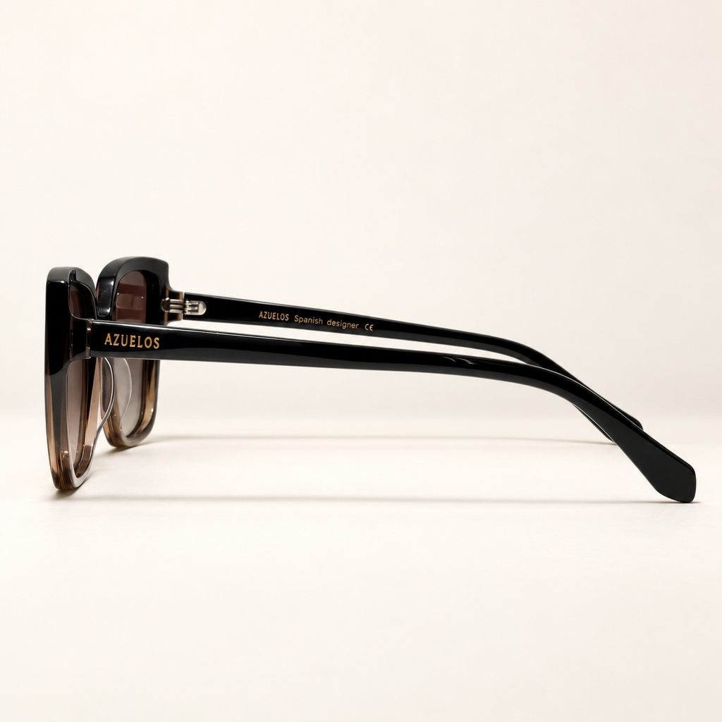 Profil des lunettes AZUELOS Bela C3, branche noire avec signature AZUELOS dorée et monture cerclée noir et brun champagne.
