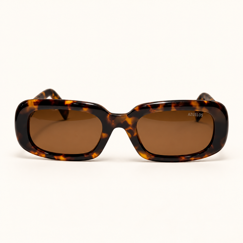 BROOKLA C2, lunettes de soleil femme en acétate écaille brun et ambre, monture rectangulaire cerclée aux angles arrondis et verres bruns, vue de face