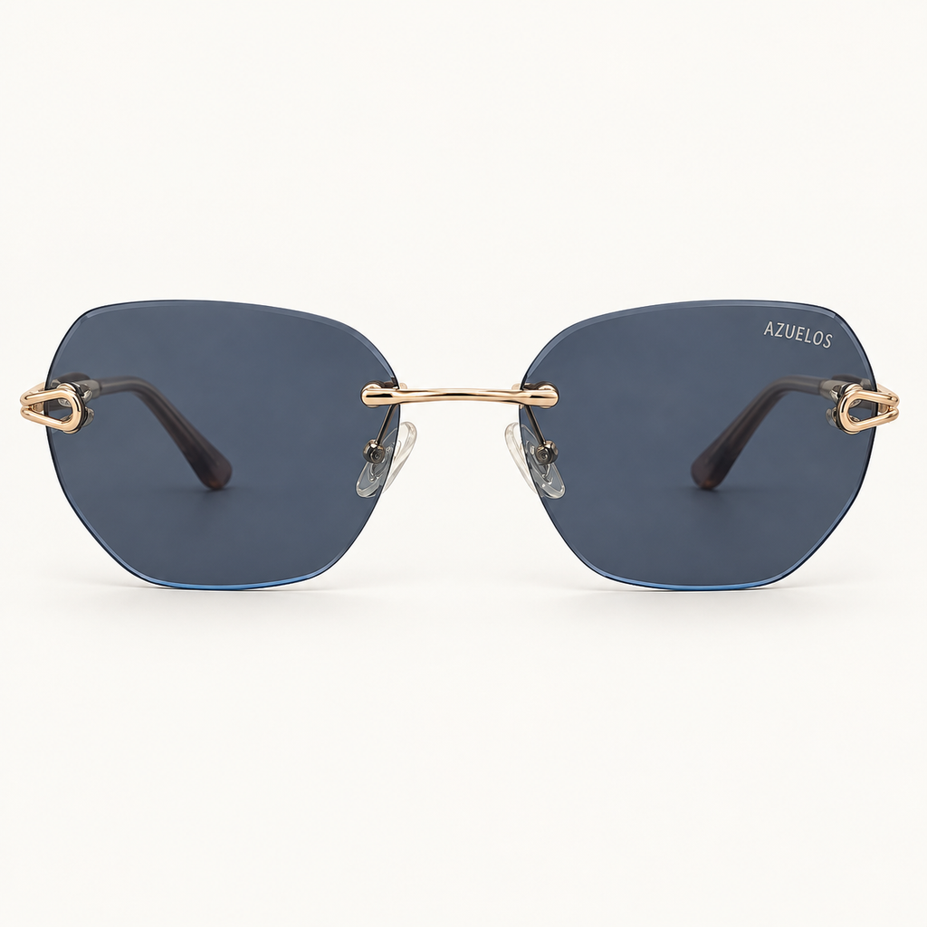 Enzo C1 Azuelos, solaire percée mixte aux verres bleu-gris et fixations dorées ajourées, vue de face