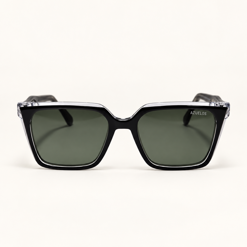 JESSE C3, lunettes de soleil femme à monture carrée cerclée noire et cristal transparent, verres vert gris sombre, vue de face