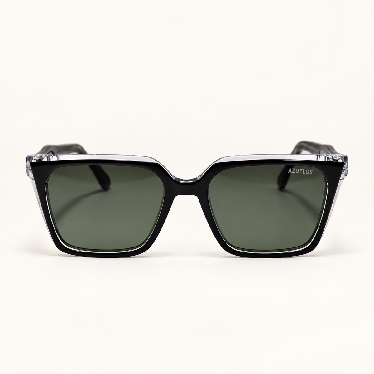 JESSE C3, lunettes de soleil femme à monture carrée cerclée noire et cristal transparent, verres vert gris sombre, vue de face