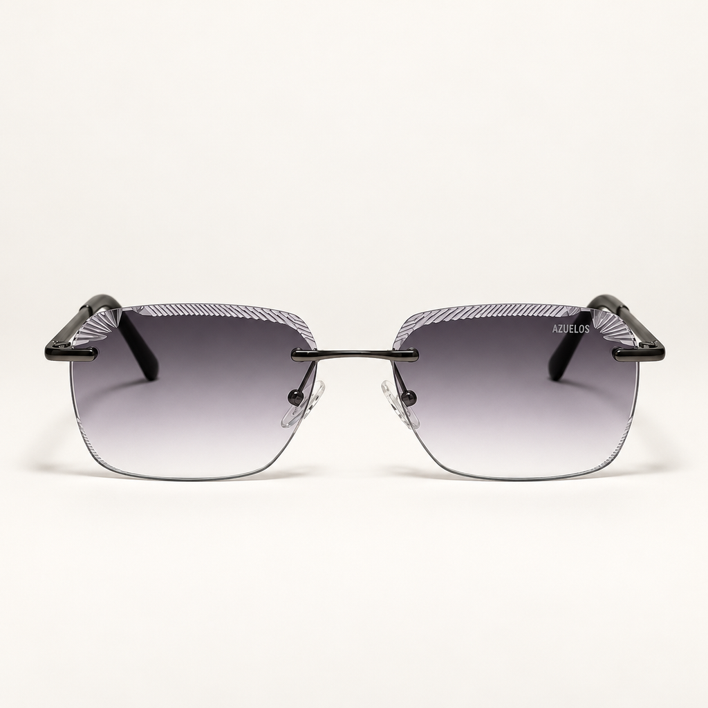 KAIRO C3, lunettes de soleil mixtes percées à verres gris dégradé légèrement mauves, stries sur le haut et détails en éventail aux coins extérieurs, vue de face