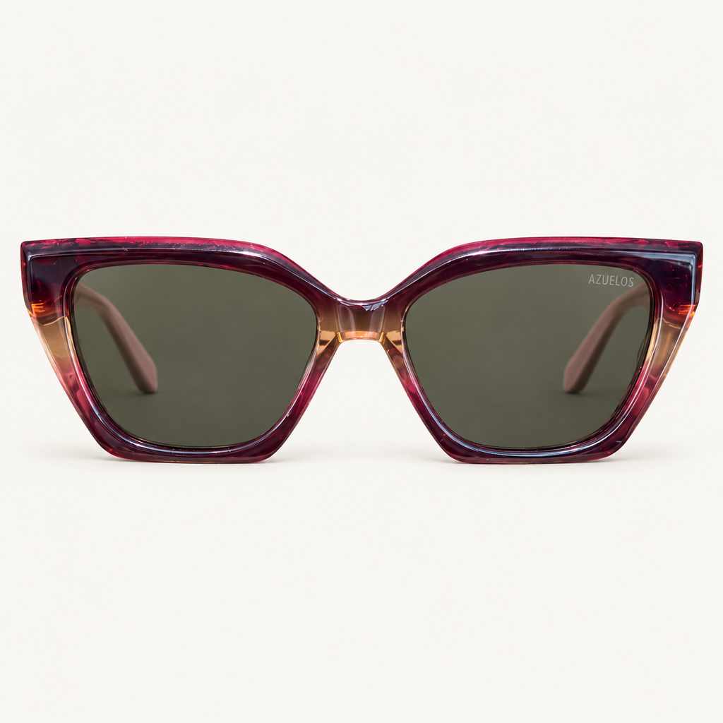 Kent C6 Azuelos — vue de face, monture bordeaux et ambre sur fond ivoire
