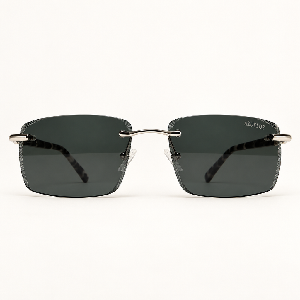 MAREN C2, lunettes de soleil mixtes percées à verres rectangulaires gris foncé aux bords finement taillés, vue de face