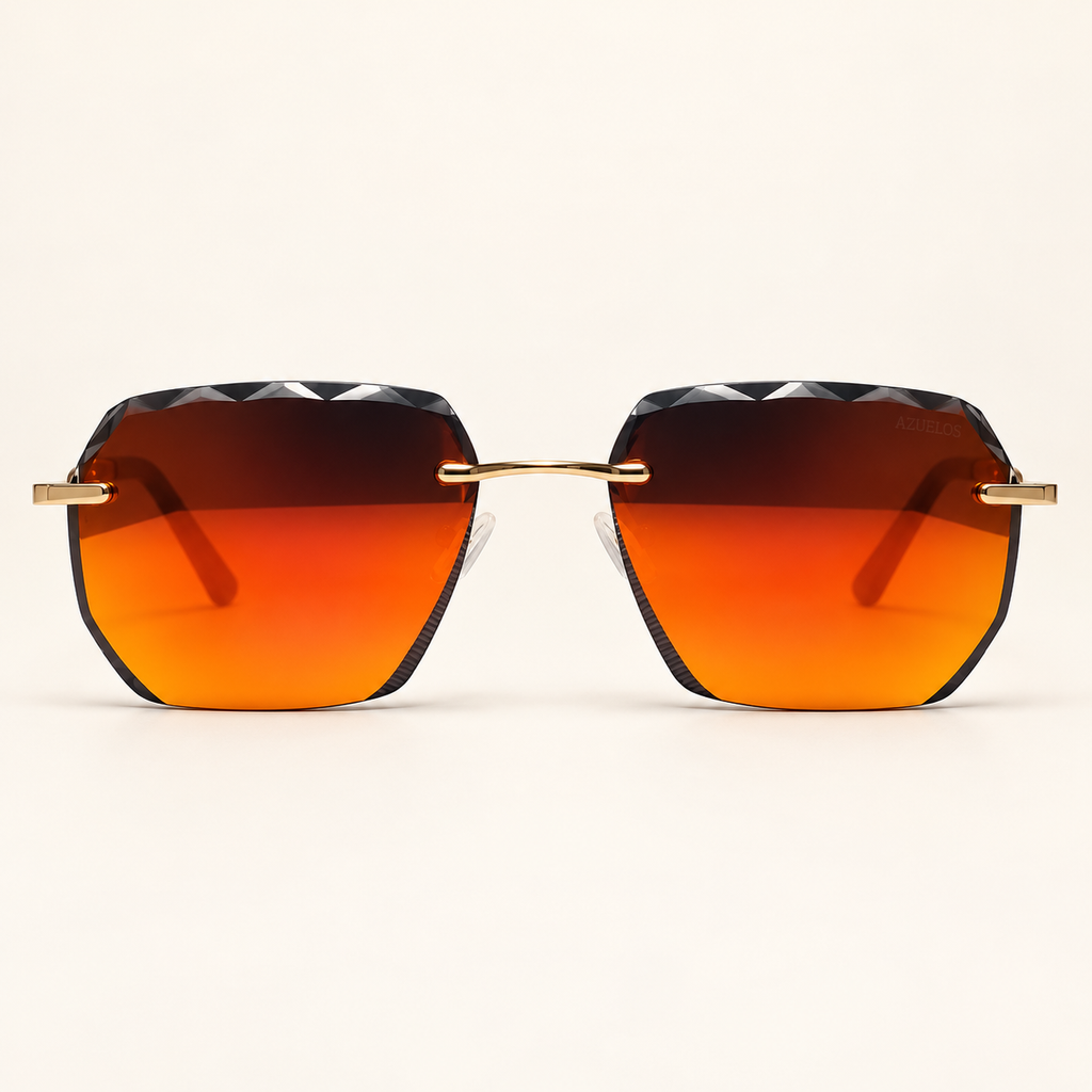 ORION C4, lunettes de soleil mixtes percées à verres rectangulaires miroir cuivré aux contours facettés, vue de face