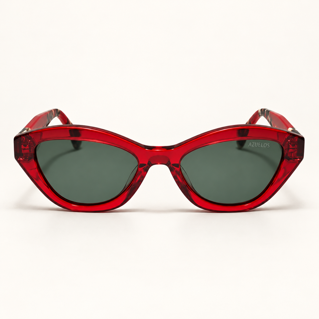 PRIMVER C3, lunettes de soleil femme en acétate rouge transparent, monture œil-de-chat cerclée et verres vert gris, vue de face