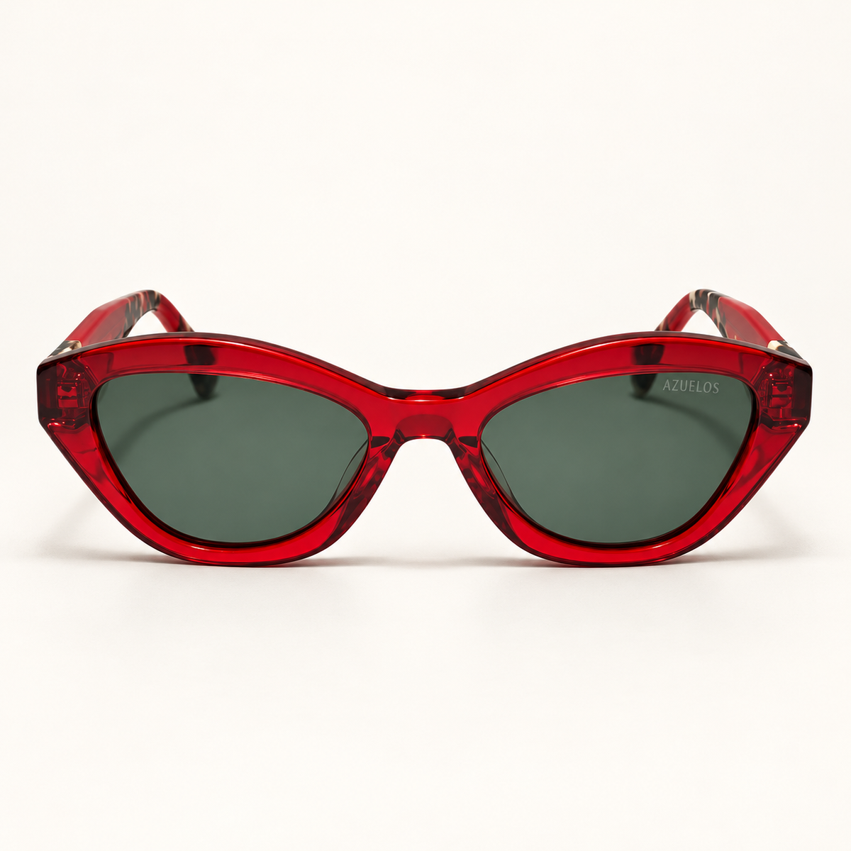 PRIMVER C3, lunettes de soleil femme en acétate rouge transparent, monture œil-de-chat cerclée et verres vert gris, vue de face