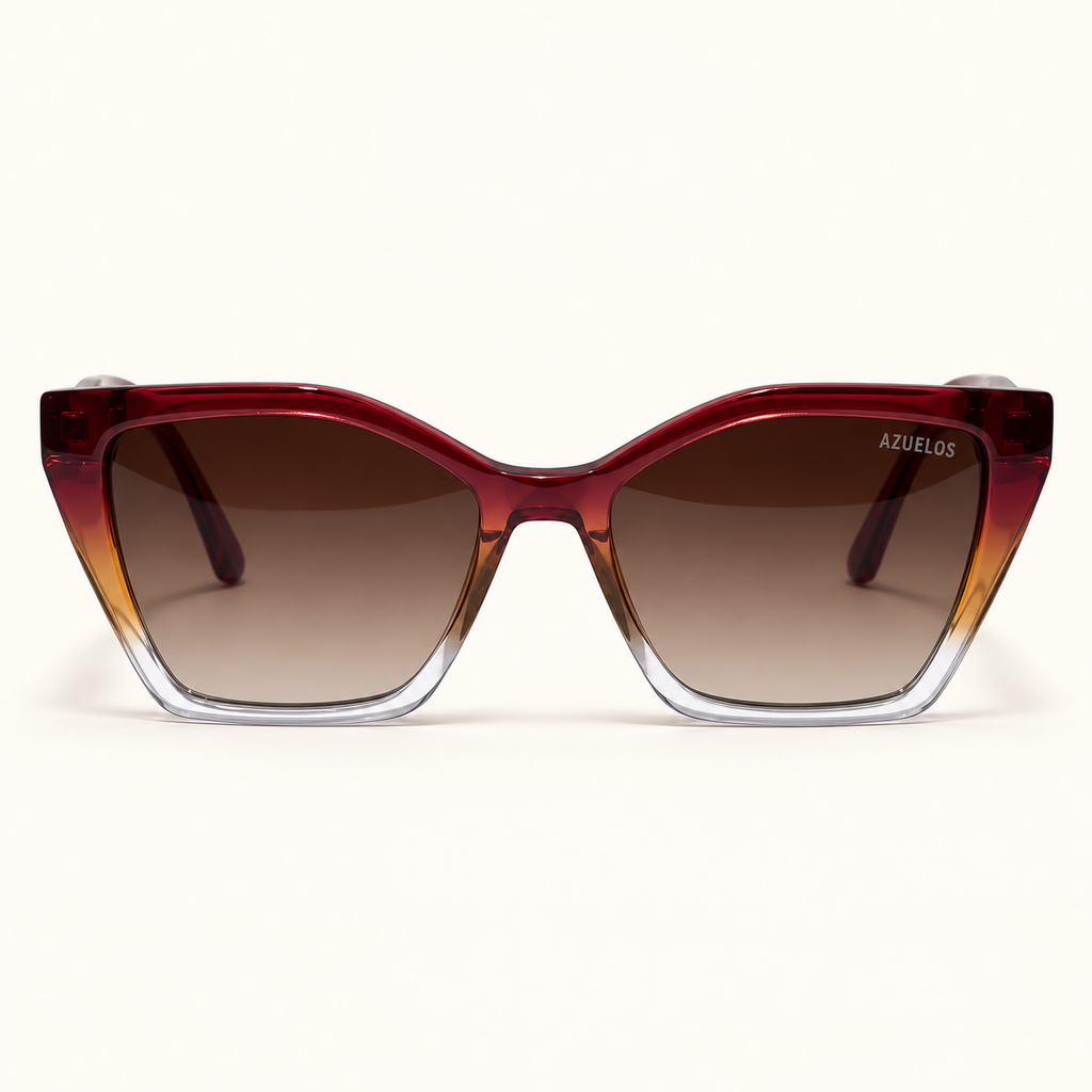 ROSS C3, lunettes de soleil femme à monture papillon cerclée bordeaux, ambre et cristal transparent, verres bruns dégradés, vue de face