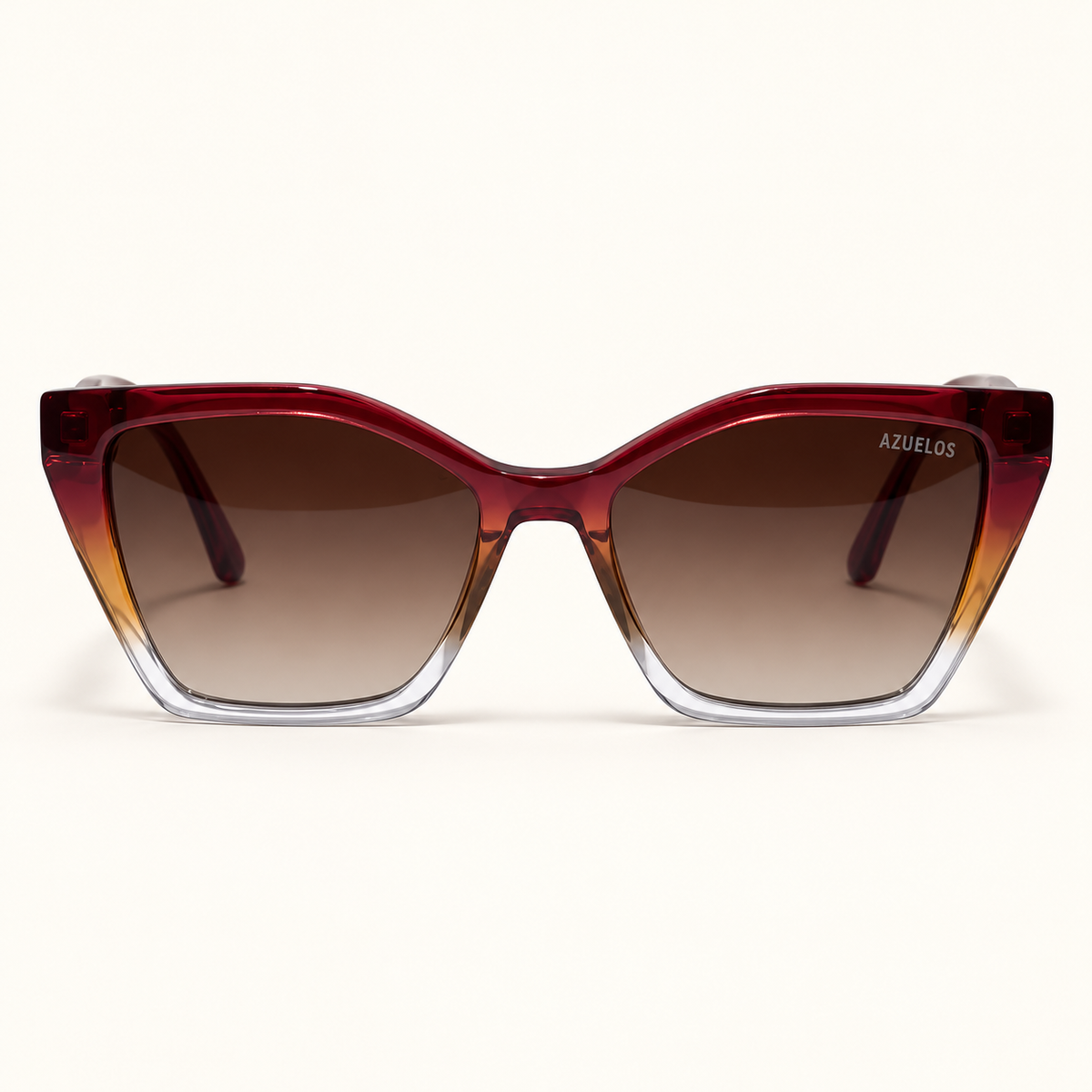ROSS C3, lunettes de soleil femme à monture papillon cerclée bordeaux, ambre et cristal transparent, verres bruns dégradés, vue de face