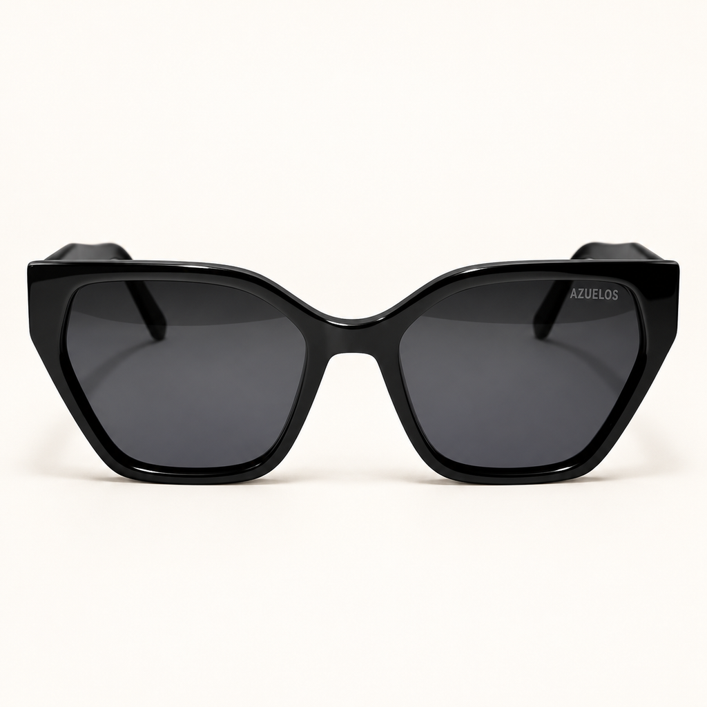 SEAN C1, lunettes de soleil femme en acétate noir brillant, monture papillon cerclée et verres gris sombre, vue de face