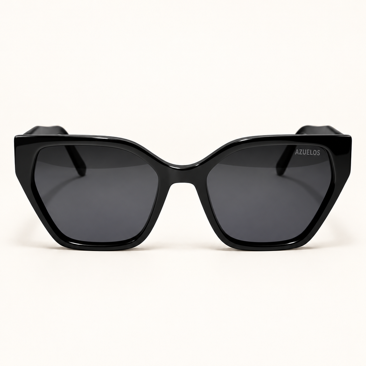 SEAN C1, lunettes de soleil femme en acétate noir brillant, monture papillon cerclée et verres gris sombre, vue de face