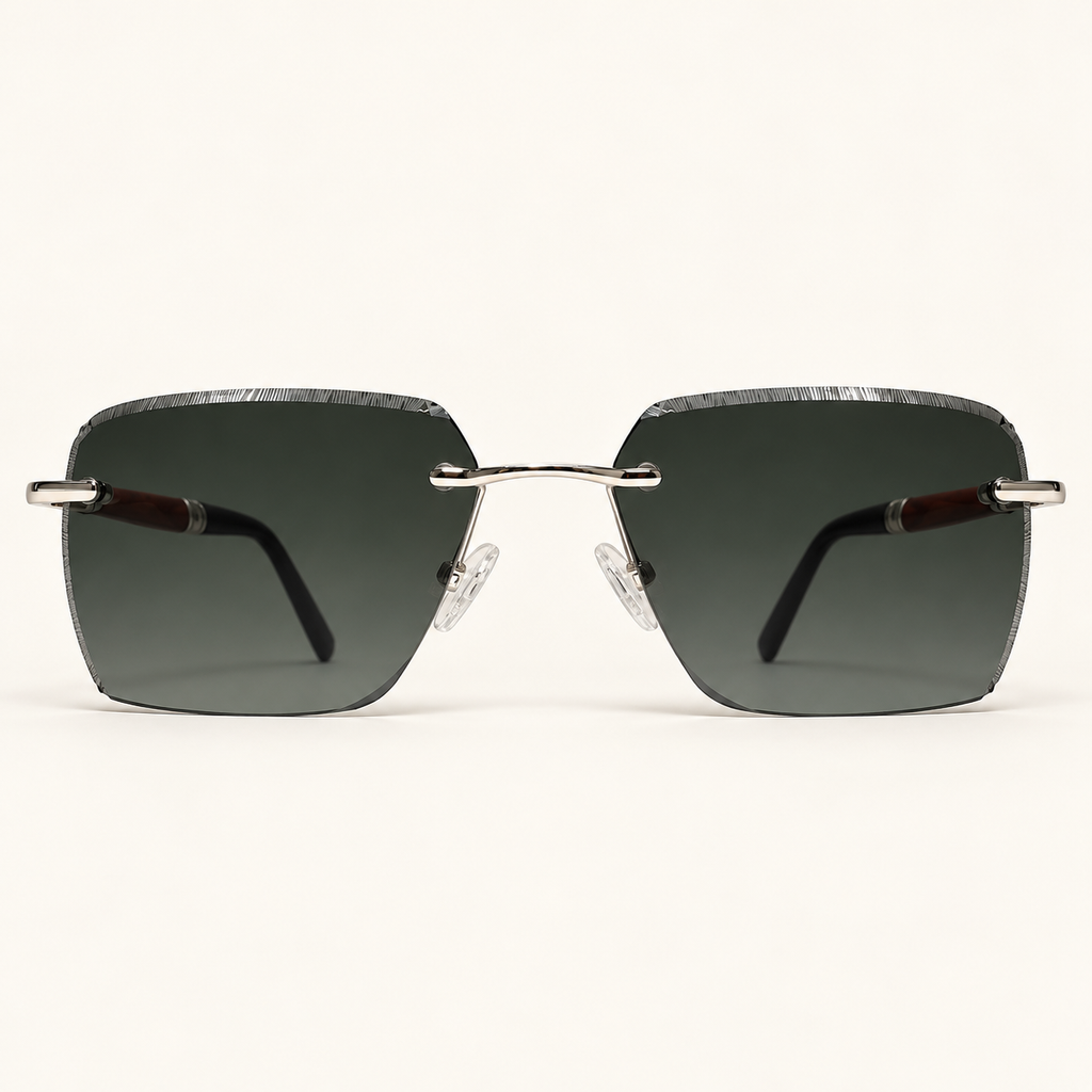 SILAS C2, lunettes de soleil mixtes percées à verres rectangulaires gris-vert foncé aux contours striés, vue de face
