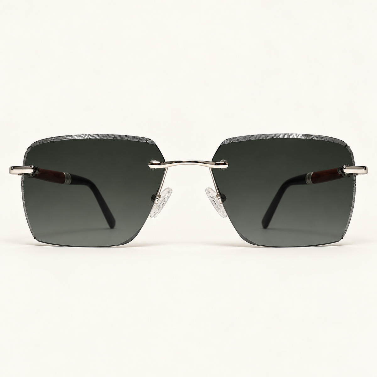SILAS C2, lunettes de soleil mixtes percées à verres rectangulaires gris-vert foncé aux contours striés, vue de face