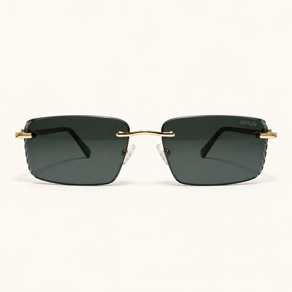 SOLEN C1, lunettes de soleil homme à monture percée et verres rectangulaires gris-vert foncé aux contours facettés, vue de face