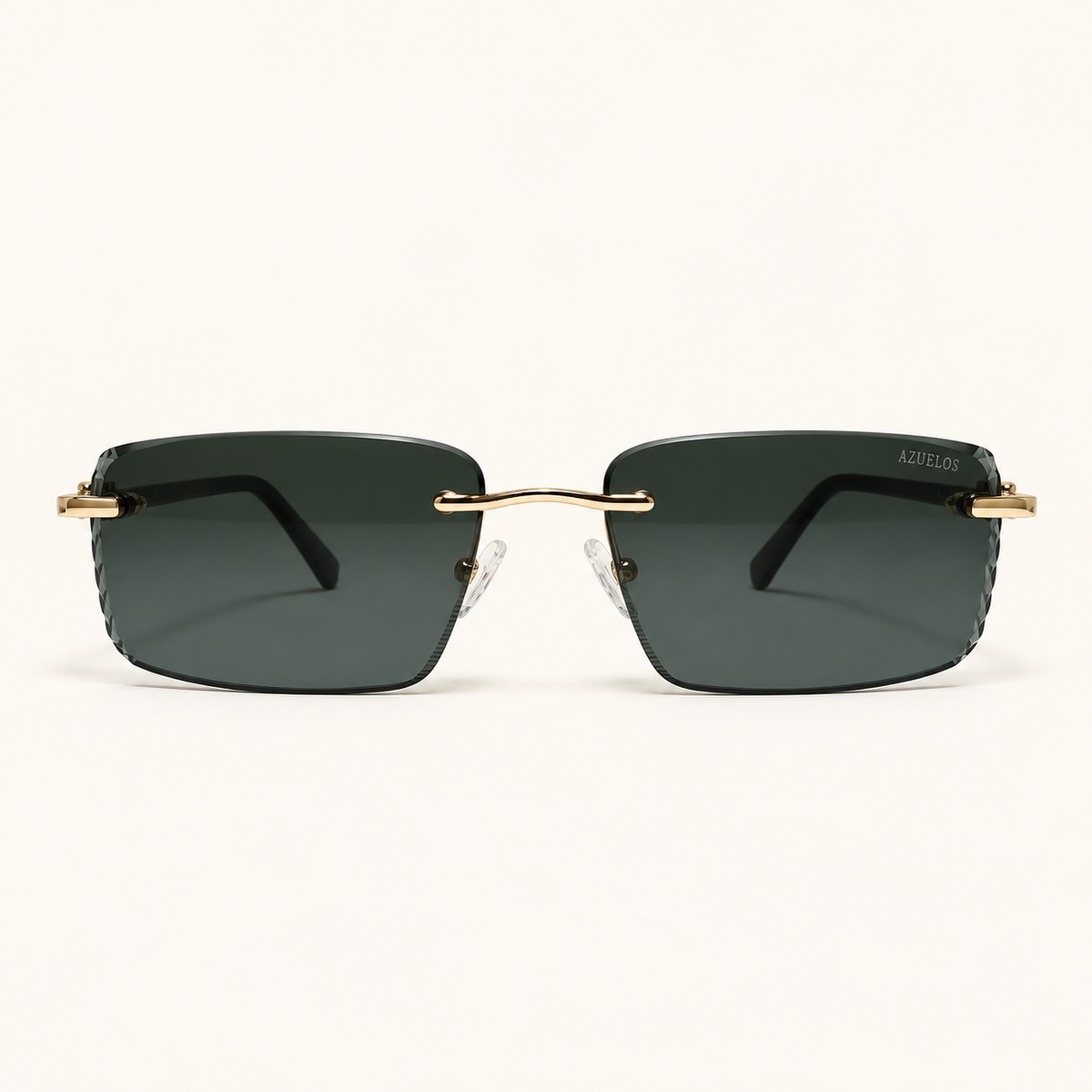 SOLEN C1, lunettes de soleil homme à monture percée et verres rectangulaires gris-vert foncé aux contours facettés, vue de face