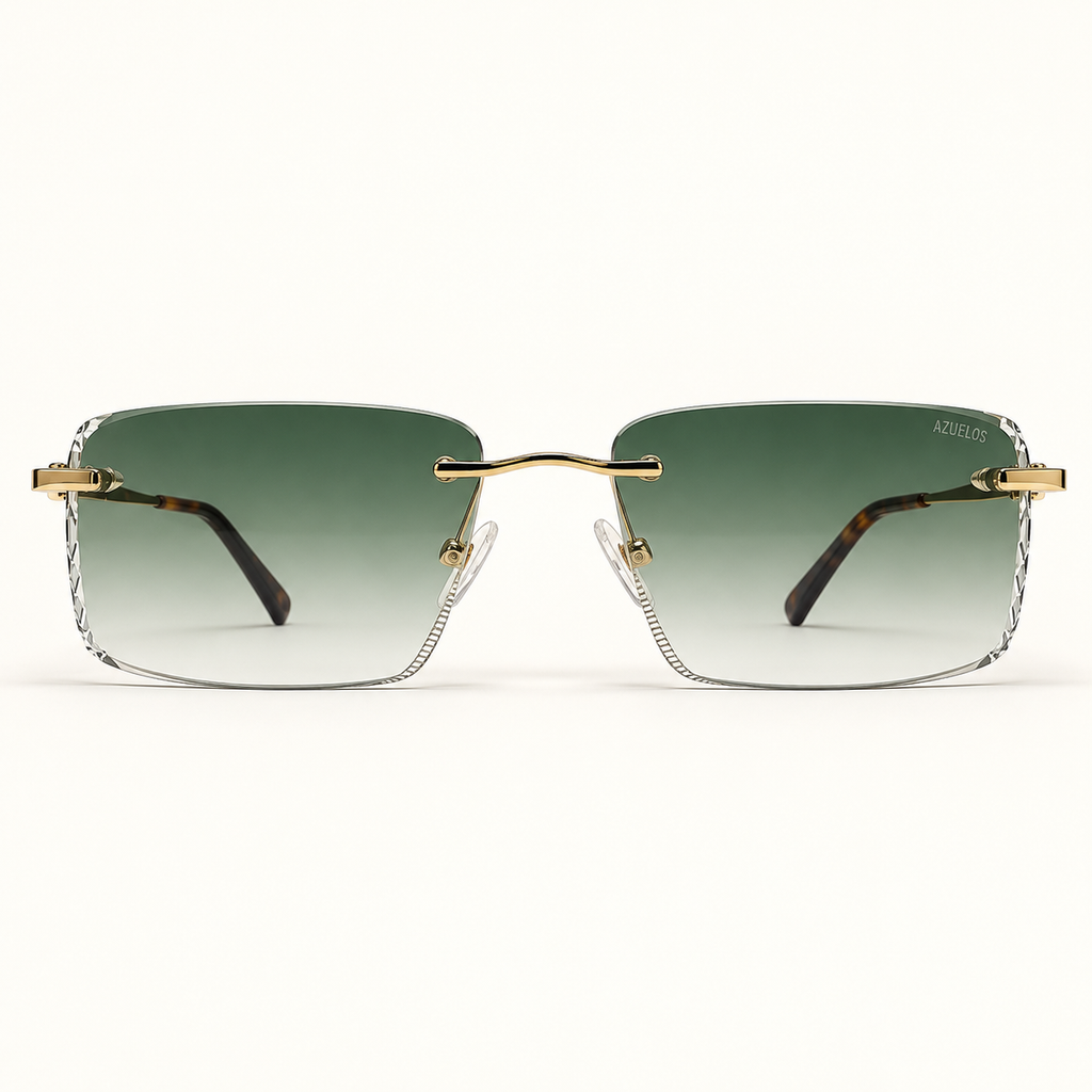 SOLEN C4, lunettes de soleil homme à monture percée et verres rectangulaires verts dégradés aux contours facettés, vue de face
