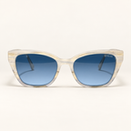 VAUGHN C3, lunettes de soleil femme en acétate ivoire nacré translucide, monture œil-de-chat et verres bleus dégradés, vue de face