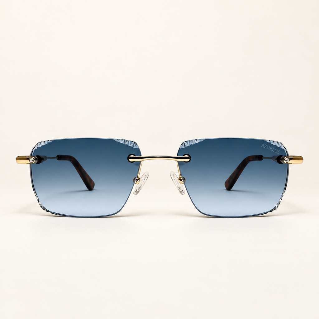 VIONA C4, lunettes de soleil mixtes percées à verres rectangulaires bleu dégradé aux contours facettés, vue de face
